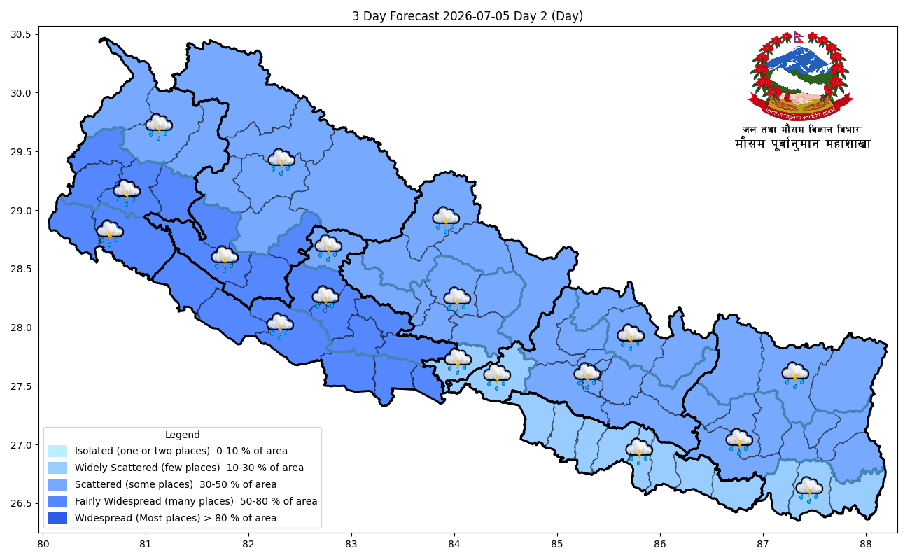 गण्डकी, लुम्बिनी र सुदूरपश्चिमका केही स्थानमा भारी वर्षाको सम्भावना